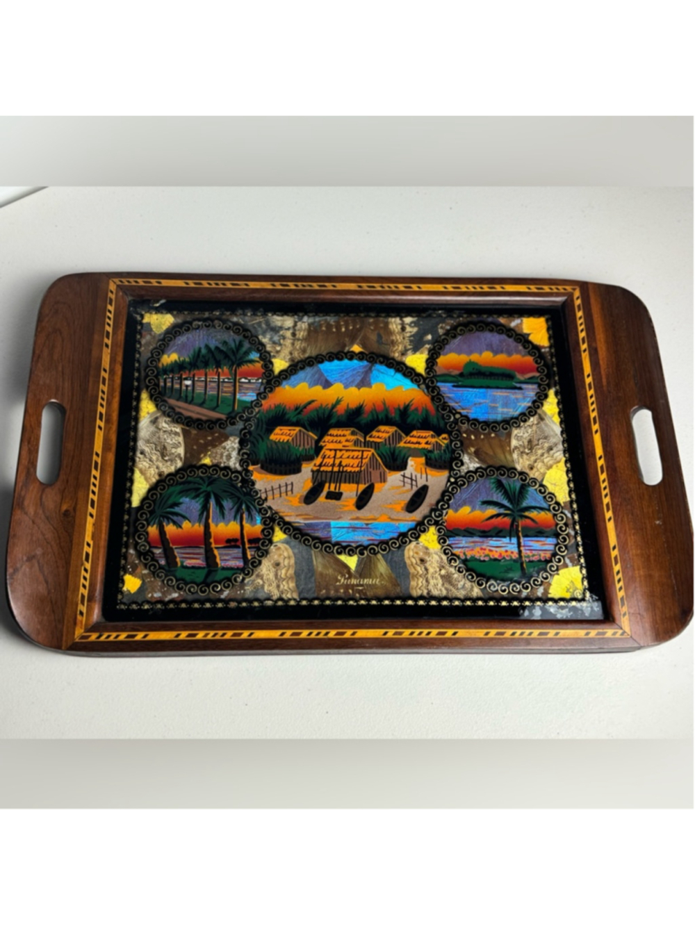 Mid Century Inlaid Parquetry Beach Tropical Reverse Painted Panama Tray